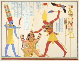 Guden Amon erbjuder farao Ramses III ett skärvapen medan han slår två tillfångatagna fiender, 1835-45